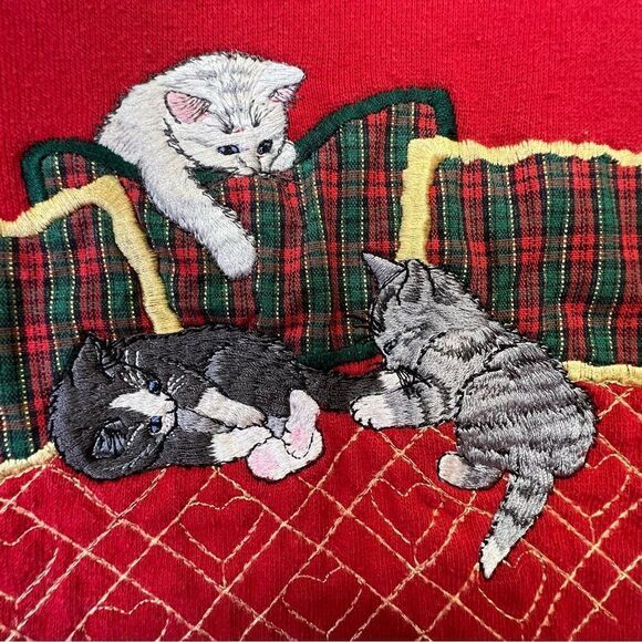 Vintage 90s Top Stitch Red Christmas Cat Kitten Plaid Mock Neck Sweatshirt M - Picture 3 of 11